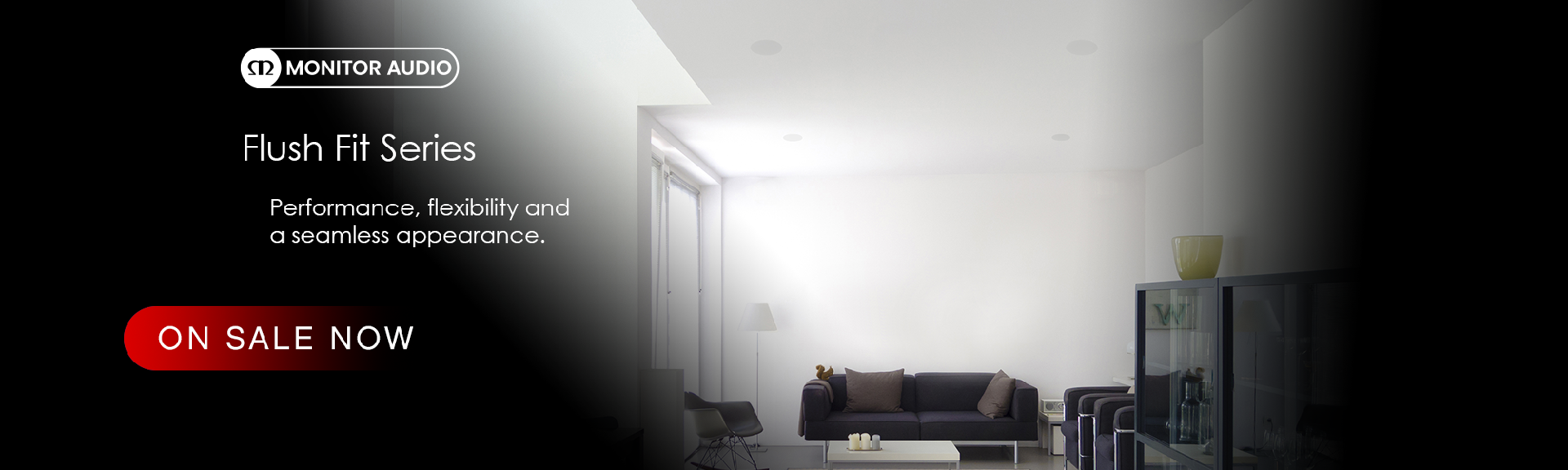 Lifestyle image showing Monitor Audio's small aperture speakers in a ceiling of a living room